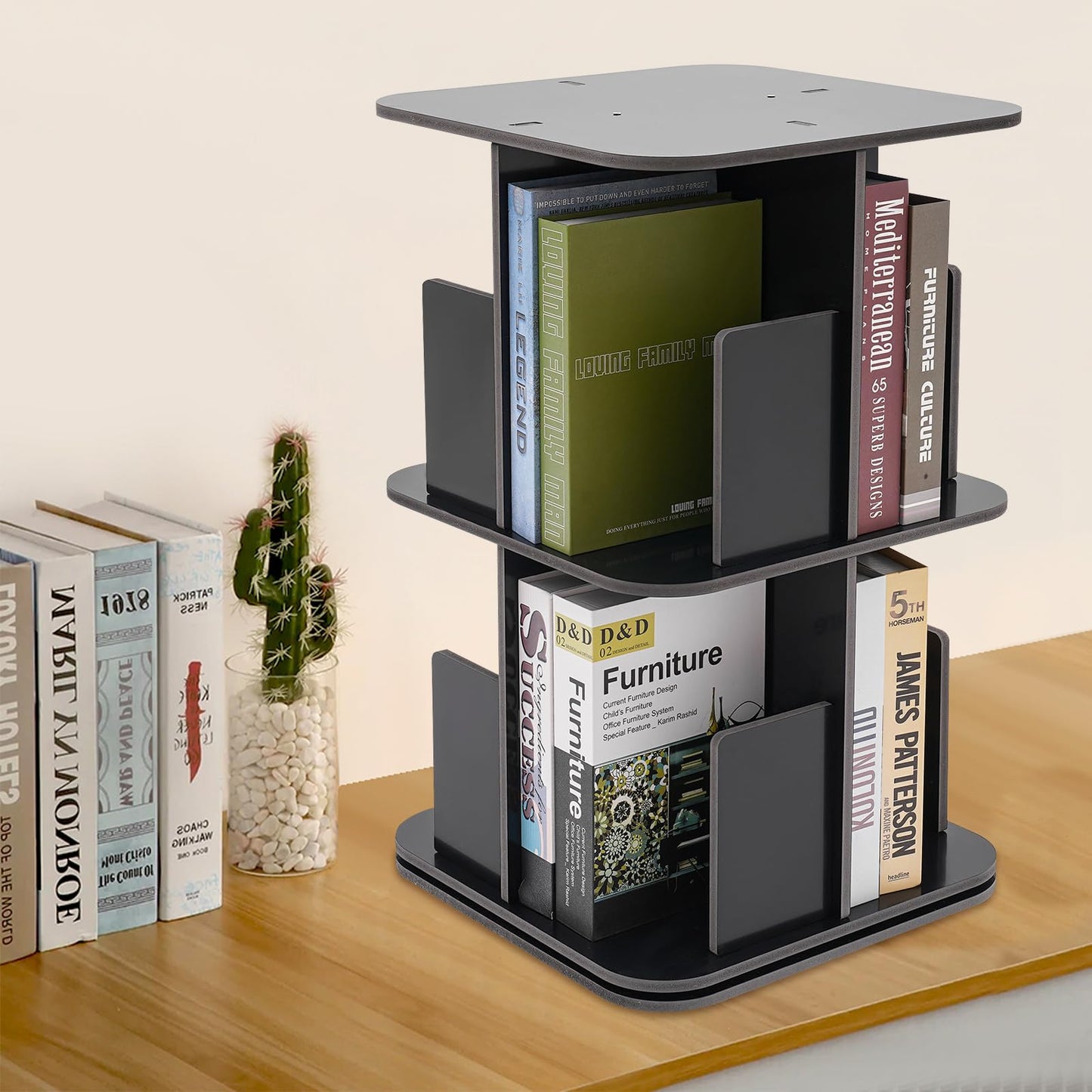 KONGKUNI Modern 2 Tier 360° Rotating Corner Bookshelf for Small Spaces - Stylish Black Desktop Bookcase - WoodArtSupply