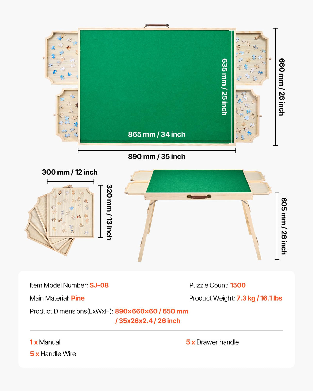 VEVOR 1500-Piece Puzzle Table with 4 Drawers, Adjustable 6-Angle Tilt, 34x25in Felt Surface Board at 26in Height, Folding Legs & Cover, Adult Jigsaw Accessories, Gift for Mom VEVOR