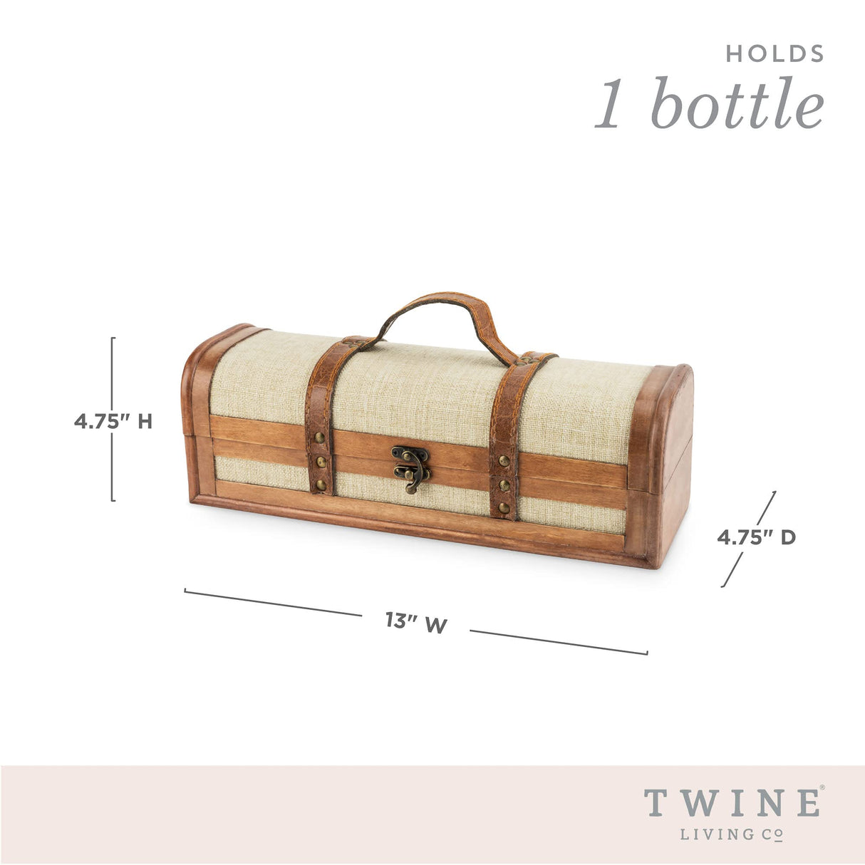 Twine Vintage Trunk Wine Bottle Gift Box, Wood Wine Box with Lid and Handle, Wood, Faux Leather, Brass, Cloth, Holds 1 Bottle Twine