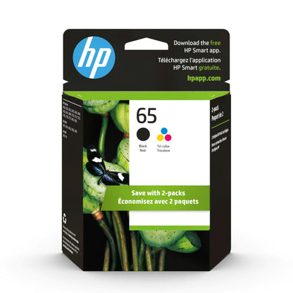 HP 65 Black/Tri-color Ink Cartridges (2-pack) | Works with HP AMP 100 Series, HP DeskJet 2600, 3700 Series, HP ENVY 5000 Series | Eligible for Instant Ink | T0A36AN