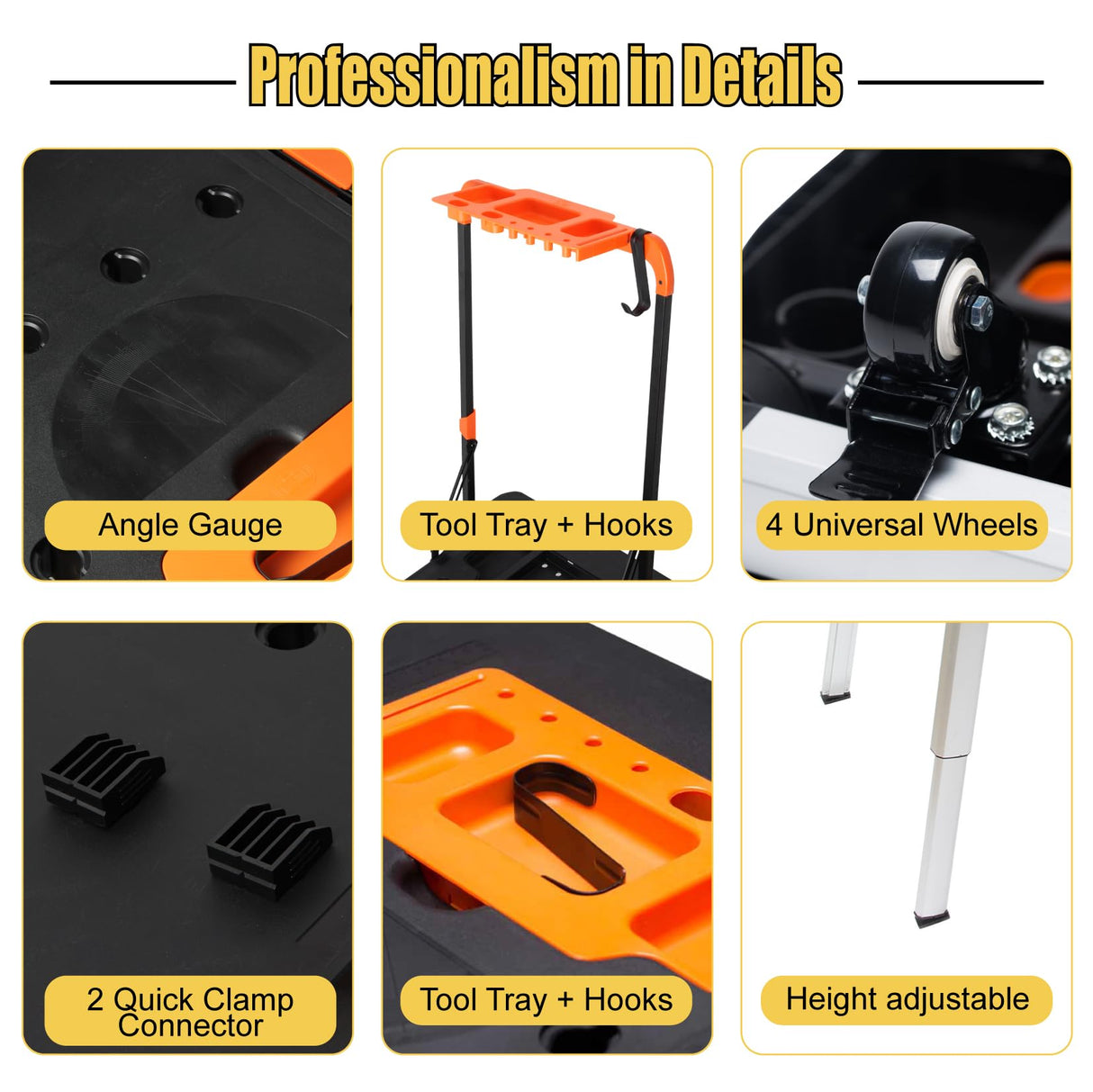 LEADALLWAY 7-in-1 Workbench Folding with Power Outlet and 33FT Long Power Cord Painted Work Table as Workbench, Scaffold,Platform,Sawhorse,Car Creeper and Hand Truck with 4 Wheels, Black LEADALLWAY