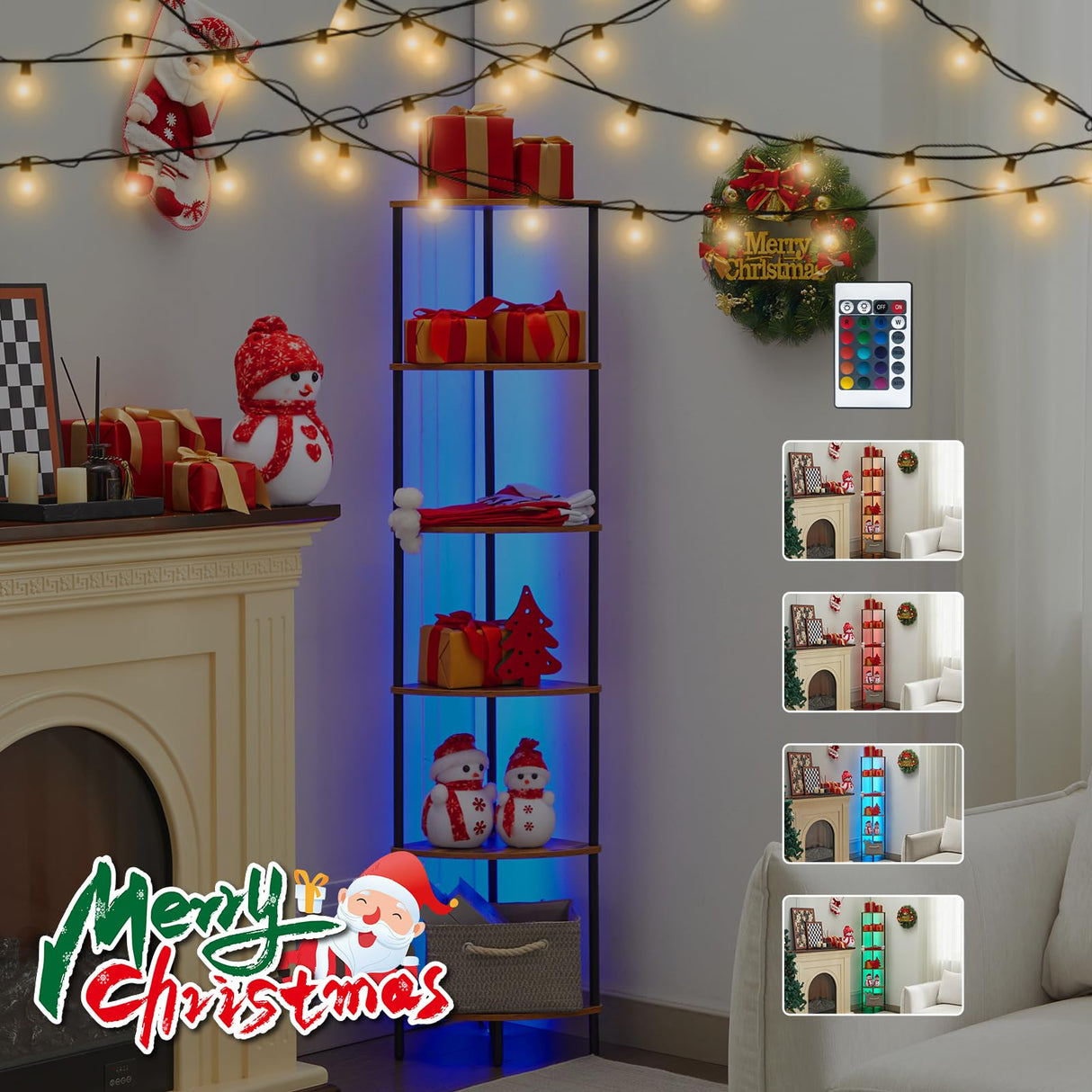 Corner Shelf with LED Light,Tall Corner Shelf,Rustic Industrial Corner Bookshelf, Storage Standing Shelf Unit, Plant Stand, Corner Table for Small Spaces in Living Room,Bedroom,Home Office (6 Tier) Ymesiyou