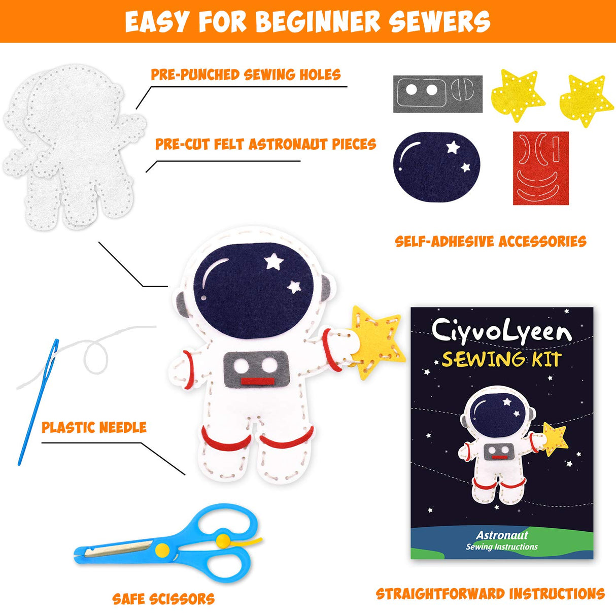 CiyvoLyeen Space Sewing Kit for Kids Solar System DIY Activity Kids Felt Craft Supplies for 7 8 9 10 11 12 Girls and Boys Educational Beginners Sewing Set of 11 CiyvoLyeen