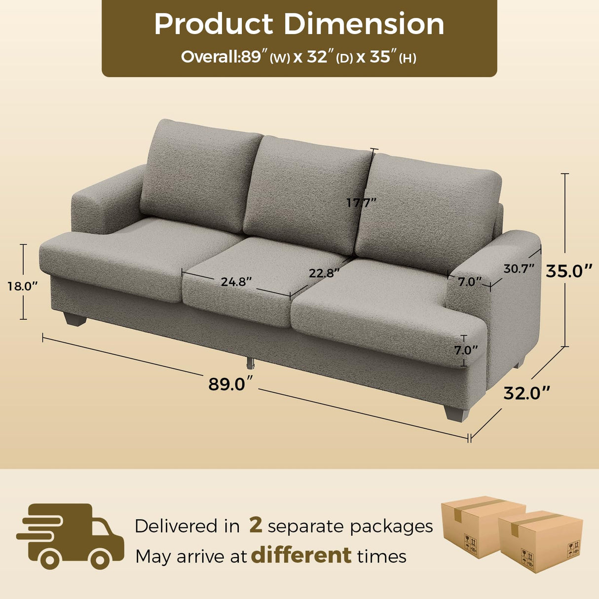 KKL 89 Inches Loveseat Sofa, Comfy Cloud Couch with Deep Seats, 3 Seater Couches for Living Room, Bouclé Fabric, Wood Frame, Easy Assembly, Grey KKL