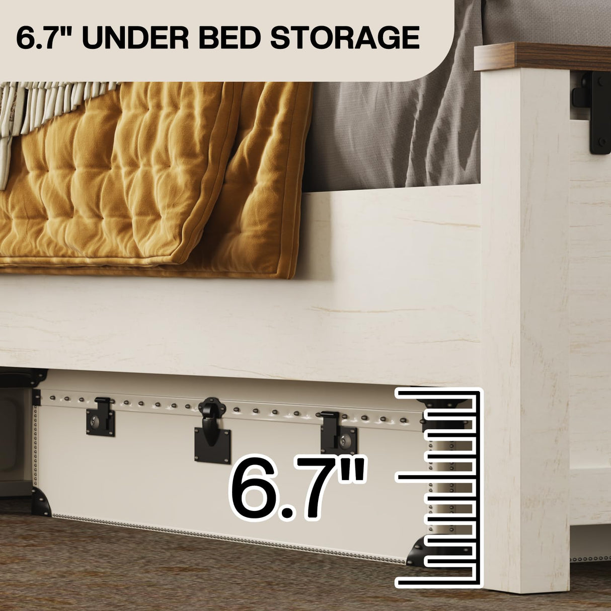 LUXOAK Farmhouse Full Size Bed Frame with 47" Tall Headboard, Wooden Bed Frame with Groove Sliding Barn Door Footboard, Platform Bed with Wood Slats Support, Noiseless No Box Spring Needed, White LUXOAK