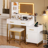 REVOMINCA Vanity Desk with Mirror and Lights, Modern Makeup Vanity with Charging Station, White & Gold Vanity Table with 3 Drawers & Cabinet, 3 Lighting Modes Brightness Adjustable, Bedroom REVOMINCA