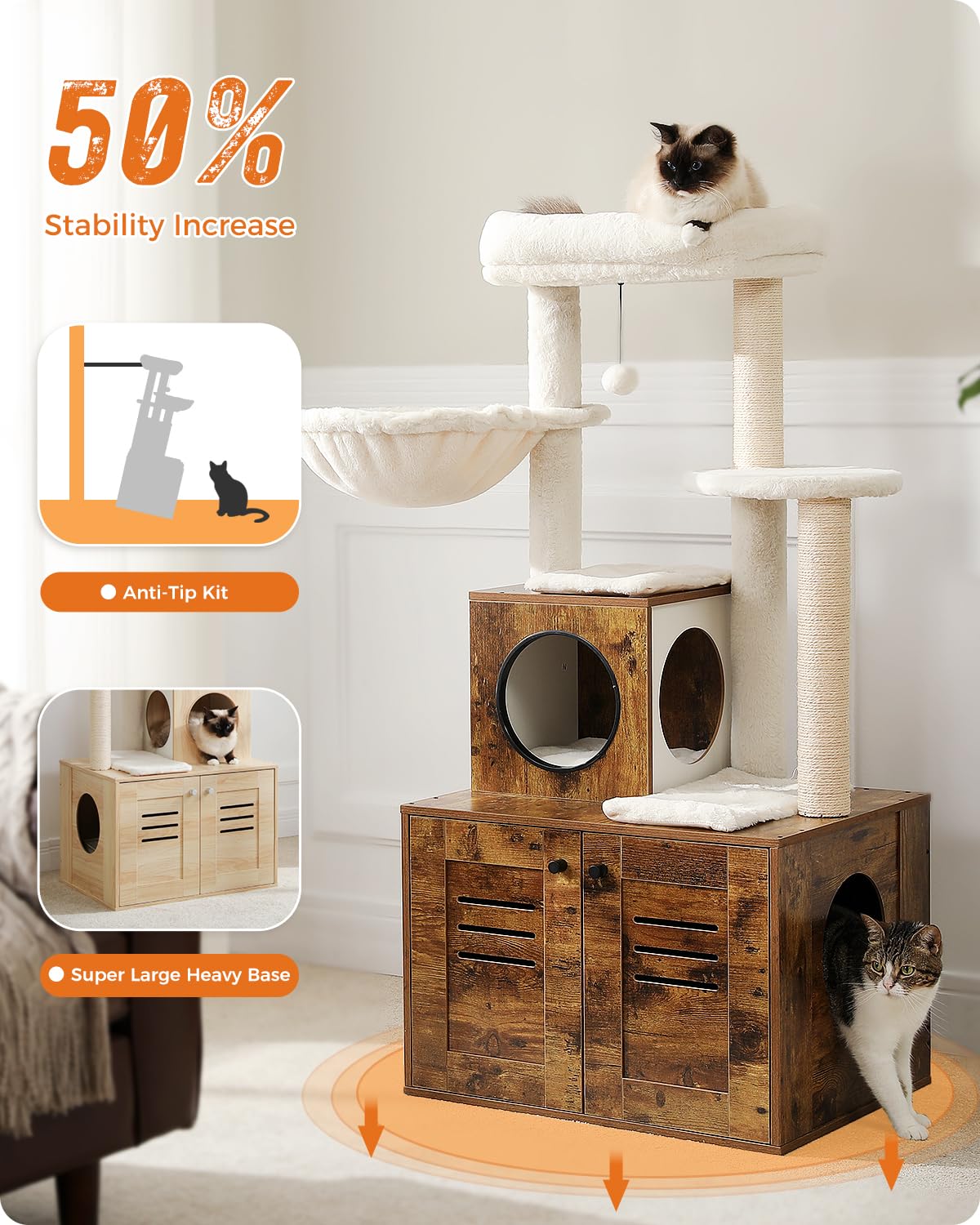 MUTTROS Cat Tree with Litter Box Enclosure, 50" Modern Cat Tree for Large/Fat Cats with Cat Condo, Wooden Cat Furniture with Large Hammock and Top Perch, Rustic Brown MUTTROS