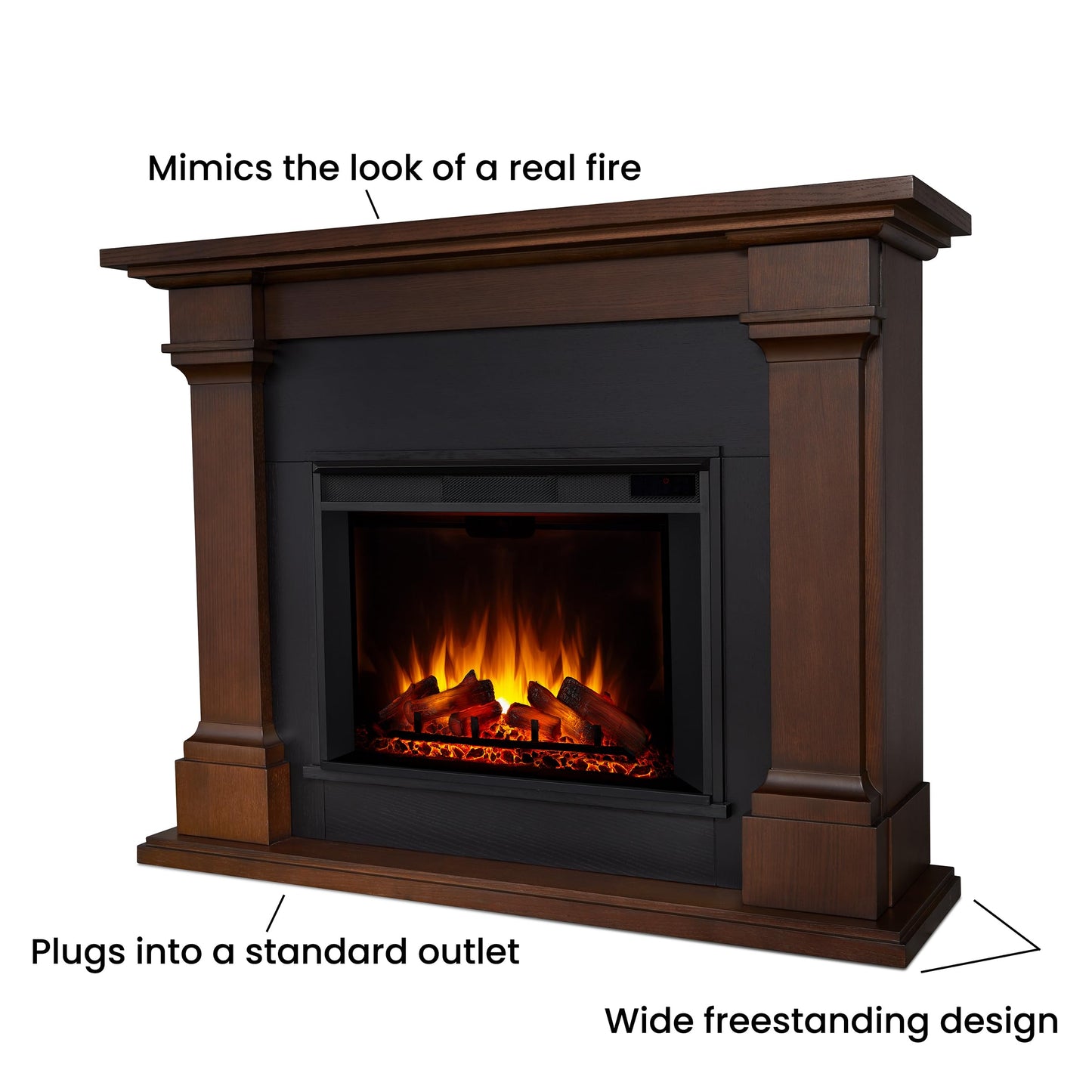 Real Flame Callaway 63" Grand Electric Fireplace with Mantel in Chestnut Oak, Free-Standing Oversized Indoor Electric Fireplace with Mantel, Adjustable Thermostat, Automatic Safety Shut-Off.