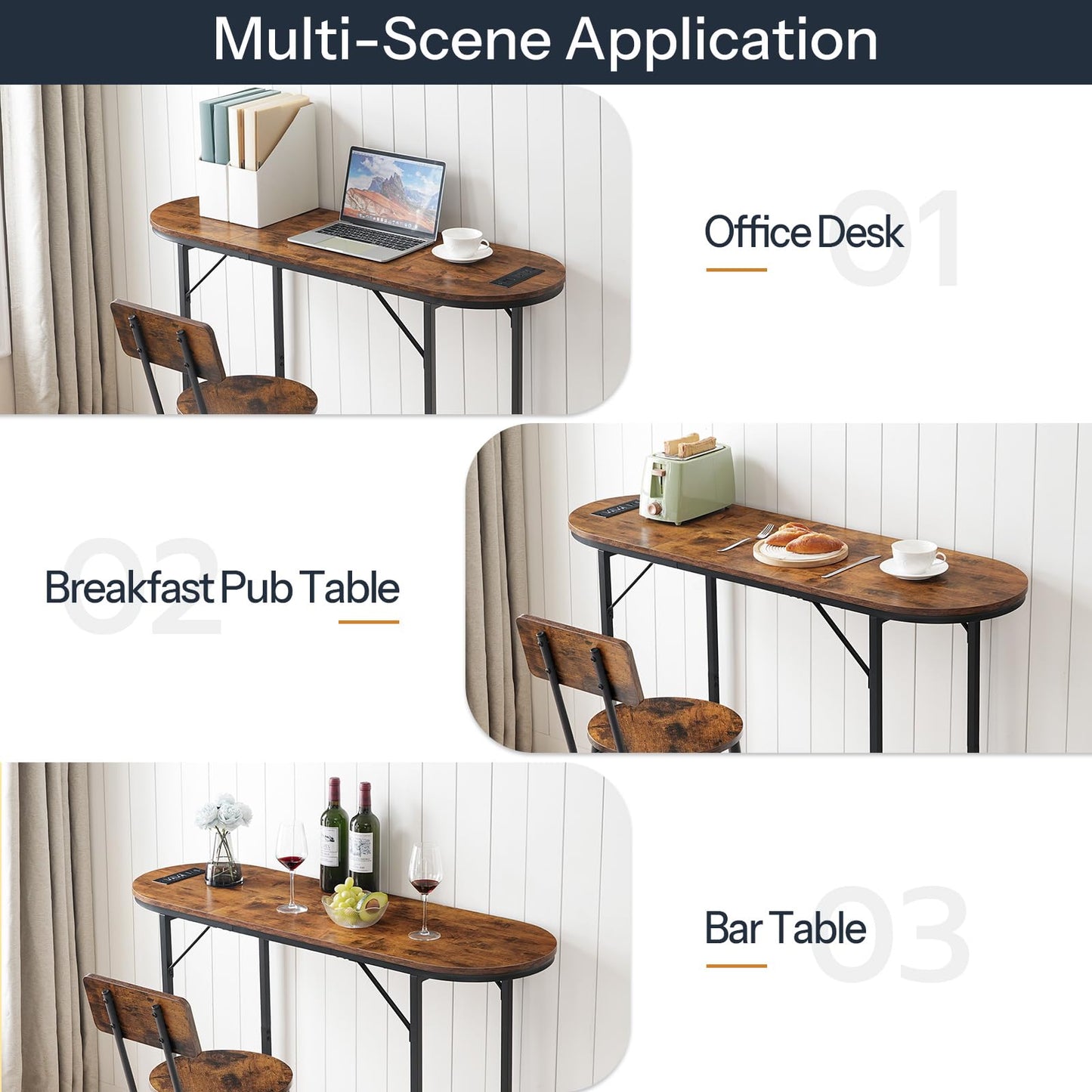 HOOBRO Rustic Brown Bar Table with Charging Station and USB Ports, 47.2" Counter Height Pub Table