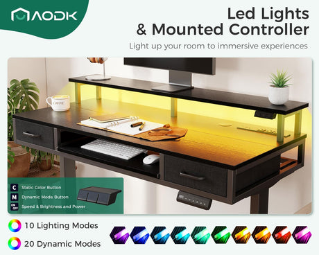 AODK Electric Standing Desk with Drawers & Keyboard Tray, 55 Inch Height Adjustable Desk with Power Outlets & LED Lights, Sit Stand Table with Monitor Stand for Home, Office, Black AODK