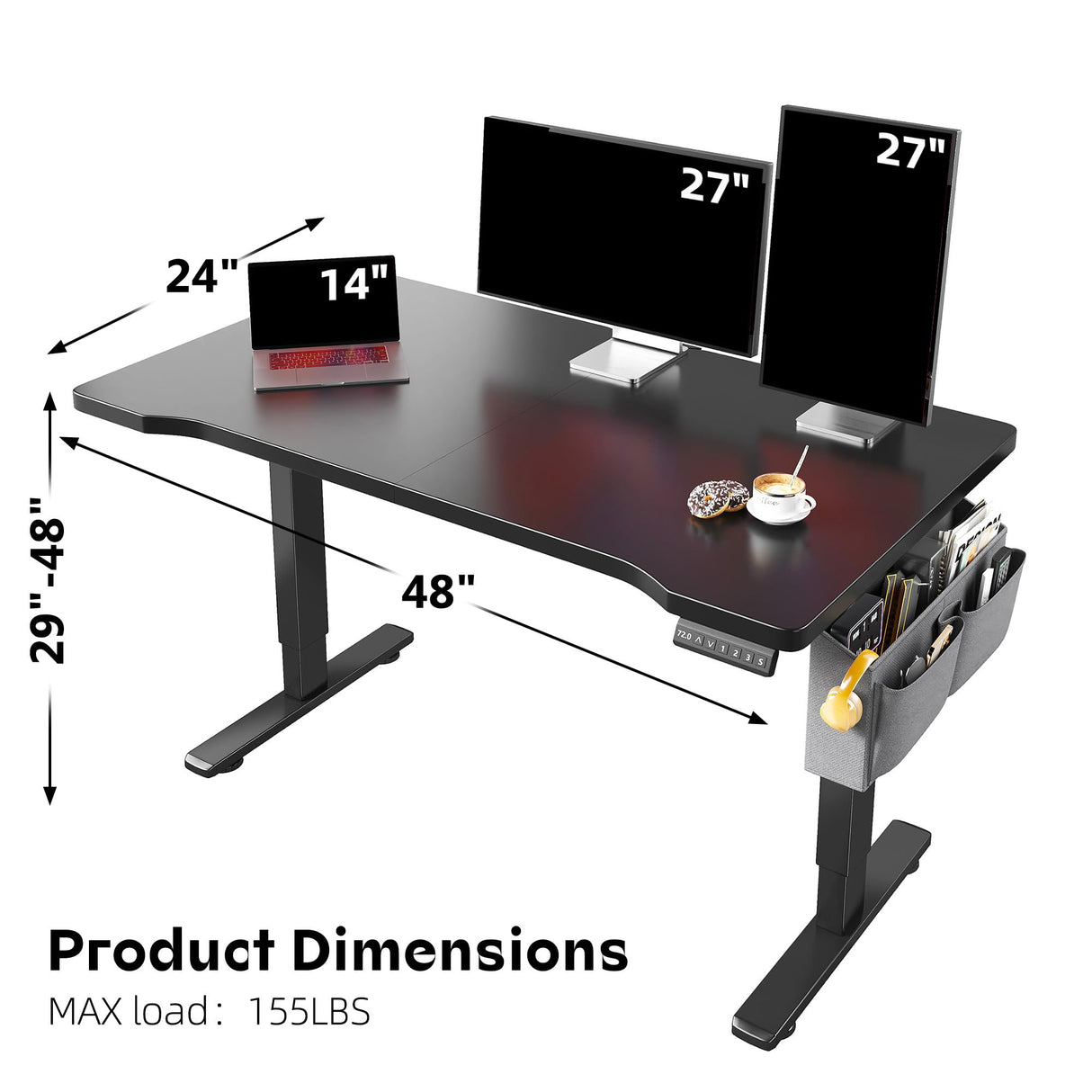 EnHomee Electric Gaming Standing Desk with LED Lights,48 x 24 Inch Height Adjustable Computer Desk with 3 Memory Preset,Gaming Sit Stand Desk with Storage Side Pocket and Cable Management,Black EnHomee