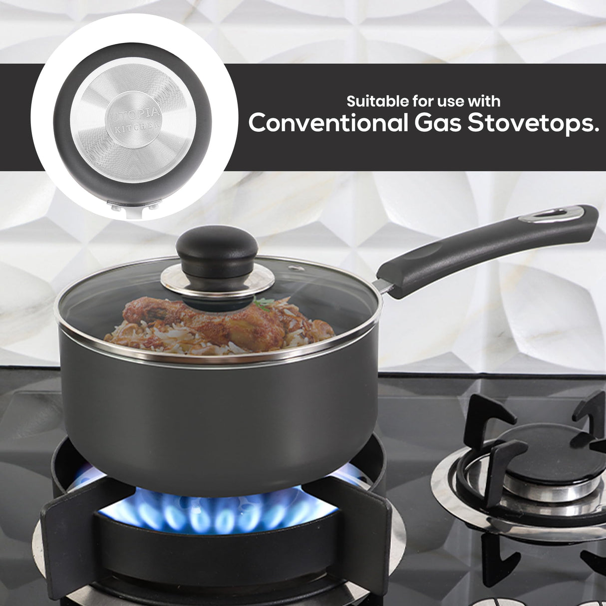 Utopia Kitchen Nonstick Saucepan Set with Lid, 1 Quart and 2 Quarts Multipurpose Pots Set for Home Kitchen or Restaurant (Grey-Black) Utopia Kitchen