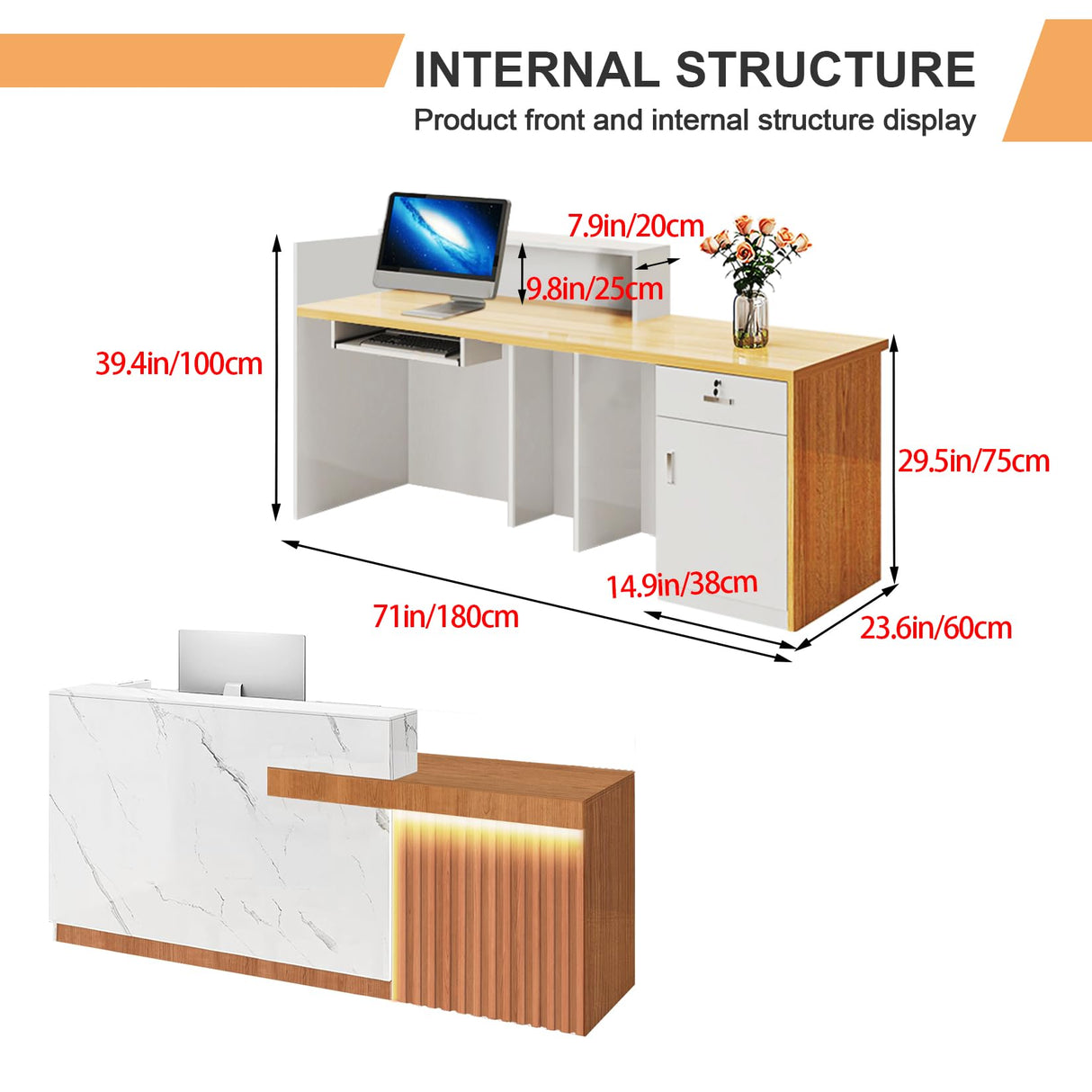 Thcbme Reception Desk with Lockable Drawer Office Front Desk Checkout Counter Wooden Reception Table for Beauty Salon Lobby Shop Retail White and Brown Right 71inch/180cm Thcbme