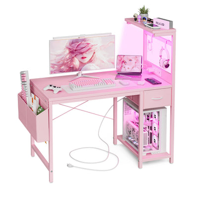 Grandder Gaming Desk 47 Inch with Power Outlet and LED Light, Computer Desk with Reversible Shelves and Storage Drawer, Pc Small Desk for Home Office Table with Bag, Carbon Fiber Pink