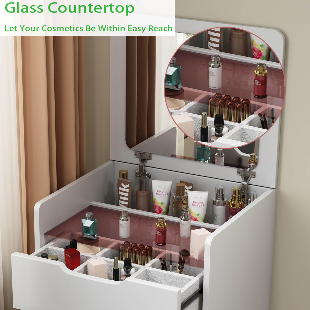 3 in 1 Vanity Desk with Plip Top Mirror, Small Vanity Desk Set with Storage Chair, Compact Makeup Vanity Desk with Visible Glass Desktop, for Bedroom, Apartment, Cloakroom, White (Basic Small Size) RIDFY