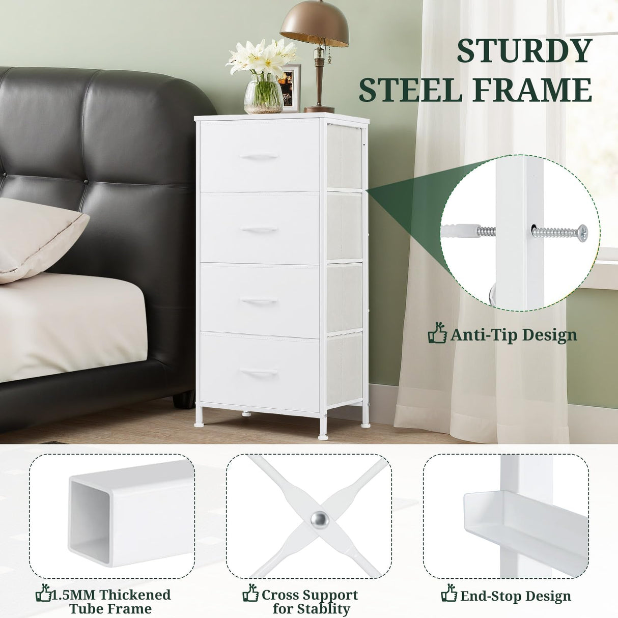 Nightstand, 4 Drawer Dresser End Table Bedside Furniture with Wooden Top Steel Frame Fabric Bins for Bedroom, Closet, Entryway, Dorm, Living Room, White SageNest