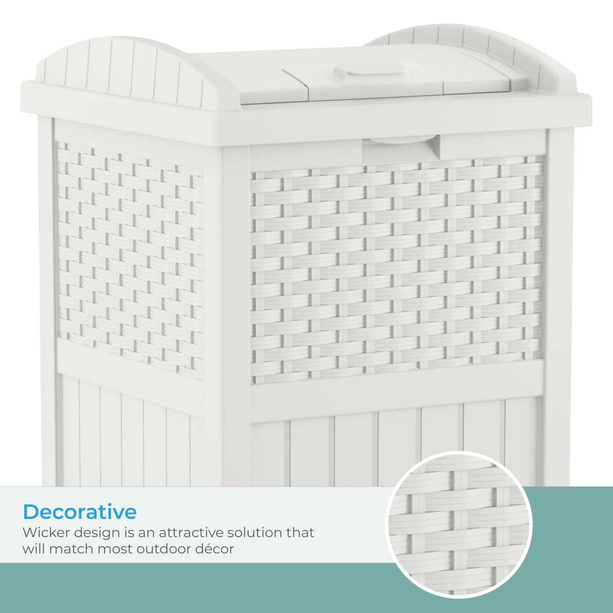 Suncast 33 Gallon Durable Plastic Hideaway Outdoor Garbage Can Trash Bin with Lid and Wicker Design for Backyard, Deck, or Patio, White Suncast