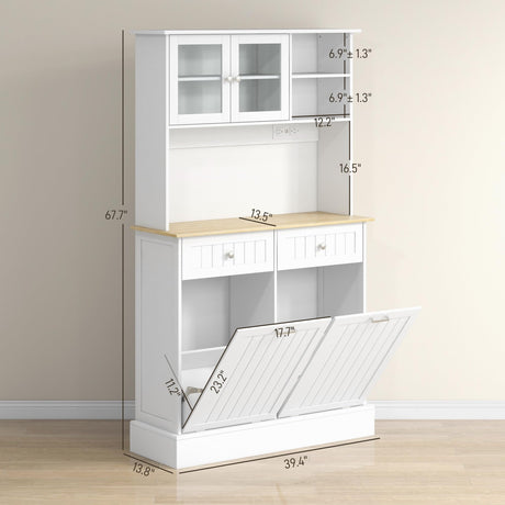 HOMCOM 68" Kitchen Pantry Storage Cabinet with Charging Station, 2 Tilt Out 10 Gallon Trash Can Cabinets and Drawers, Freestanding Kitchen Hutch with Glass Doors and Adjustable Shelf, White HOMCOM