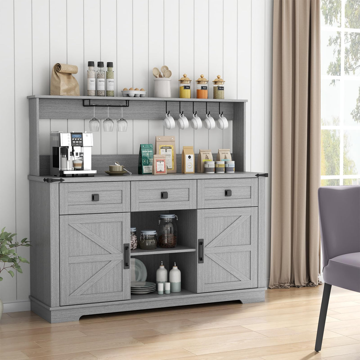 Gyfimoie Farmhouse Bar Cabinet with Hutch, Kitchen Buffet Cabinet with Storage Cabinet & 3 Sliding Drawers, Adjustable Shelf, Goblet Holder, Cup Hooks for Living Room, Dining Room Use (Grey) Gyfimoie