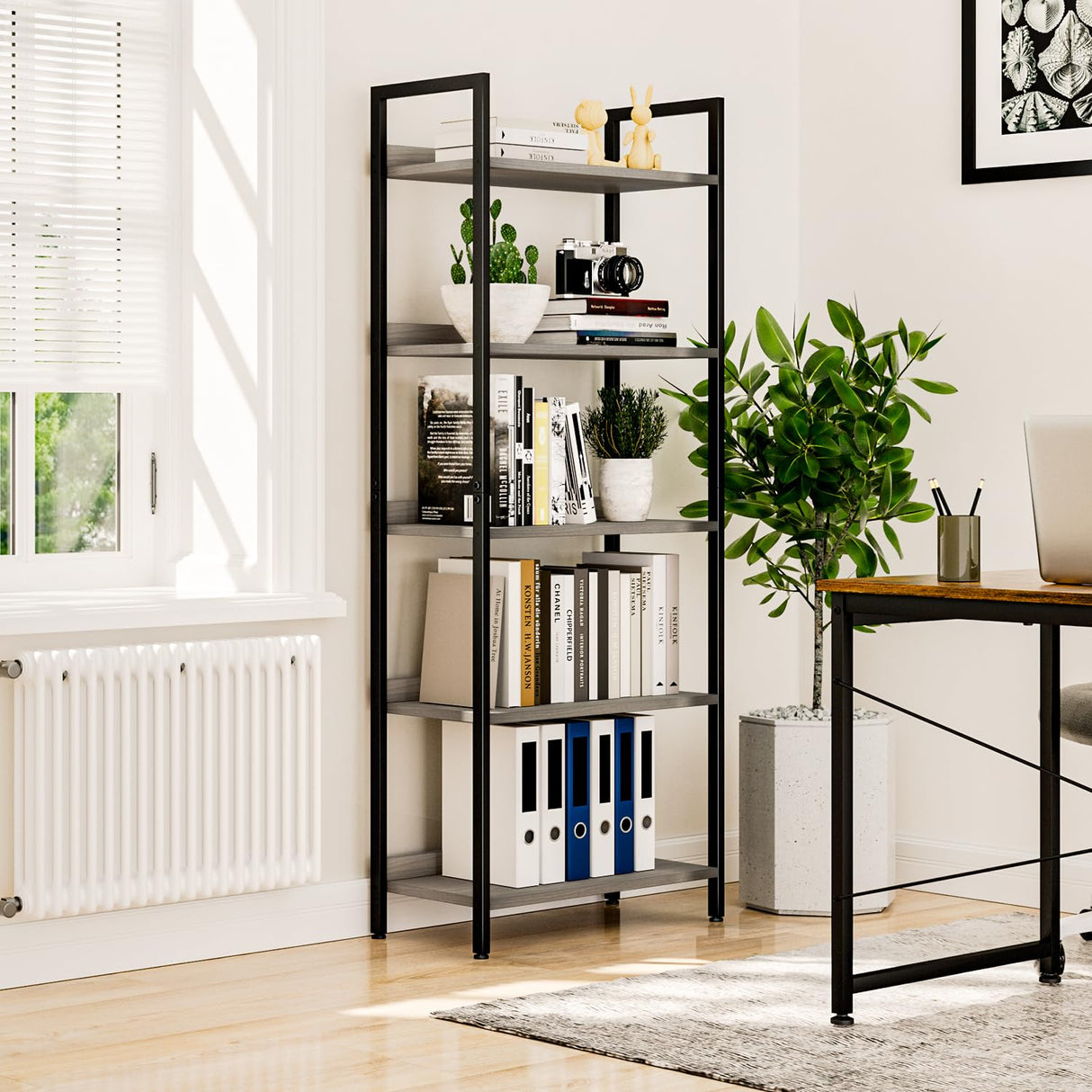 NUMENN Bookshelf, 5 Tier Bookshelves, Home Office Bookcase Shelf Storage Organizer, Free Standing Storage Shelving Unit for Bedroom, Living Room and Home Office, Grey NUMENN