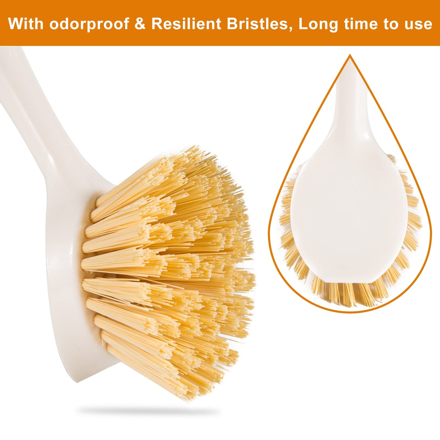 FunCee 2 Pack Kitchen Dish Brushes with Bamboo Handle, Dish Scrubber Built-in Scraper, Scrub Brush for Pans, Pots, Counter & Kitchen Sink Cleaning, Dishwashing and Cleaning Brush Tools, White