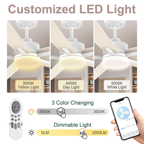 Lorpies 52” Smart Ceiling Fan with Lights Remote,Voice Control via Alexa Google WIFI App,Ultra Quiet DC Motor,Outdoor Indoor Modern Ceiling Fans,6-Speed for Bedroom Patio Porch,White and Wood Color Lorpies