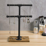 MyGift 2-Tier Urban Rustic Metal Industrial Pipe & Brown Wood T-Bar Necklace Jewelry Stand MyGift