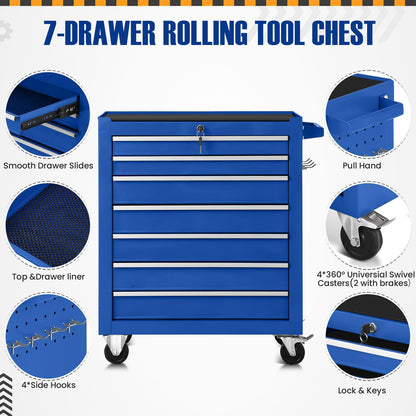 7-Drawer Rolling Tool Chest with Wheels,Tool Cabinet on Wheels with Keyed Locking,Multifunctional Tool Cart on Wheels,Tool Storage Organizer Cabinets for Garage,Warehouse, Repair Shop (Blue) - WoodArtSupply