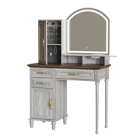 Vabches Vintage Brown Vanity Desk with Mirror, Makeup Vanity Desk with Jewelry Storage and Charging Station, 3 Drawers Gold Handle Accent Solid Wood Legs for Bedroom Vabches