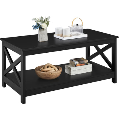 Yaheetech Wood 2-Tier Black Coffee Table with Storage Shelf for Living Room, X Design Accent Cocktail Table, Easy Assembly Home Furniture, 39.5 x 21.5 x 18 Inches