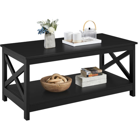 Yaheetech Wood 2-Tier Black Coffee Table with Storage Shelf for Living Room, X Design Accent Cocktail Table, Easy Assembly Home Furniture, 39.5 x 21.5 x 18 Inches Yaheetech
