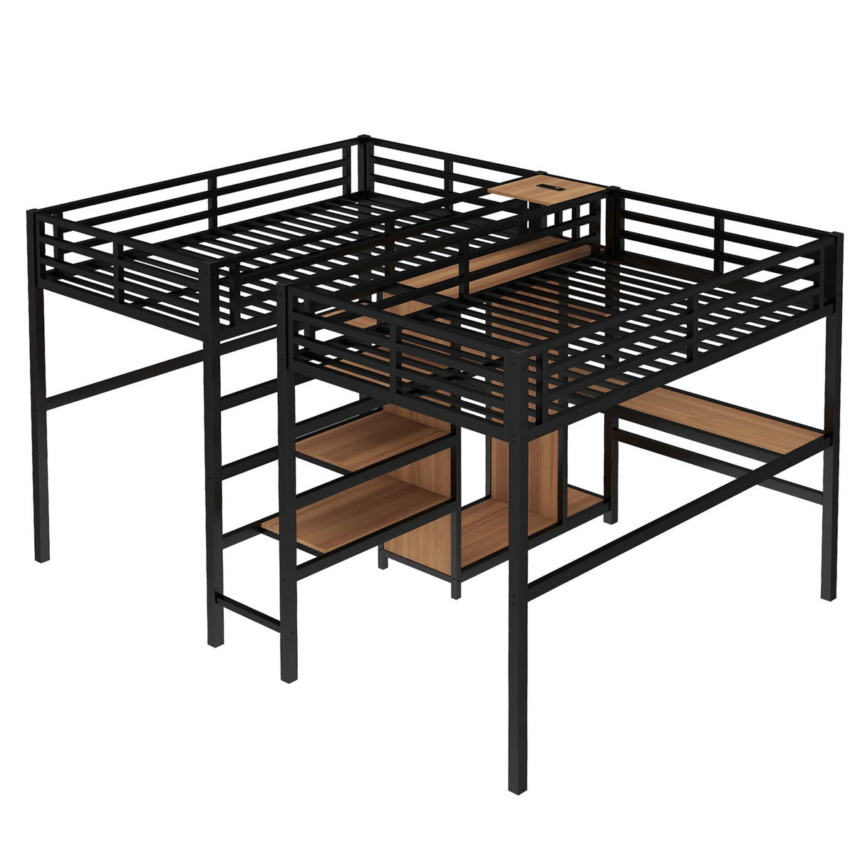 LUMISOL Loft Bed Twin Size with Desk, Metal Double Loft Bed Frame with Charging Station, Wardrobe & Storage Shelves, Noise Reduced, Black+Natural Wood LUMISOL