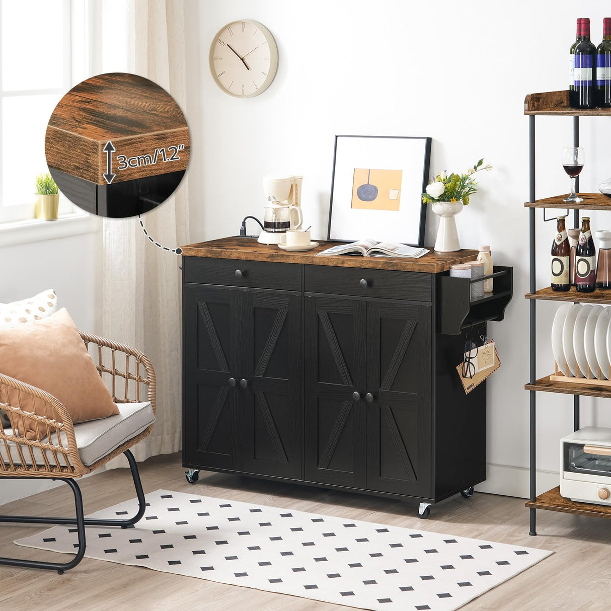 HOOBRO 43.3 Inch Kitchen Island with Charging Station, Rolling Kitchen Island with Storage, Kitchen Island Cart with Spice Rack and Hooks, for Kitchen, Living Room, Rustic Brown and Black BF11UZD01 HOOBRO