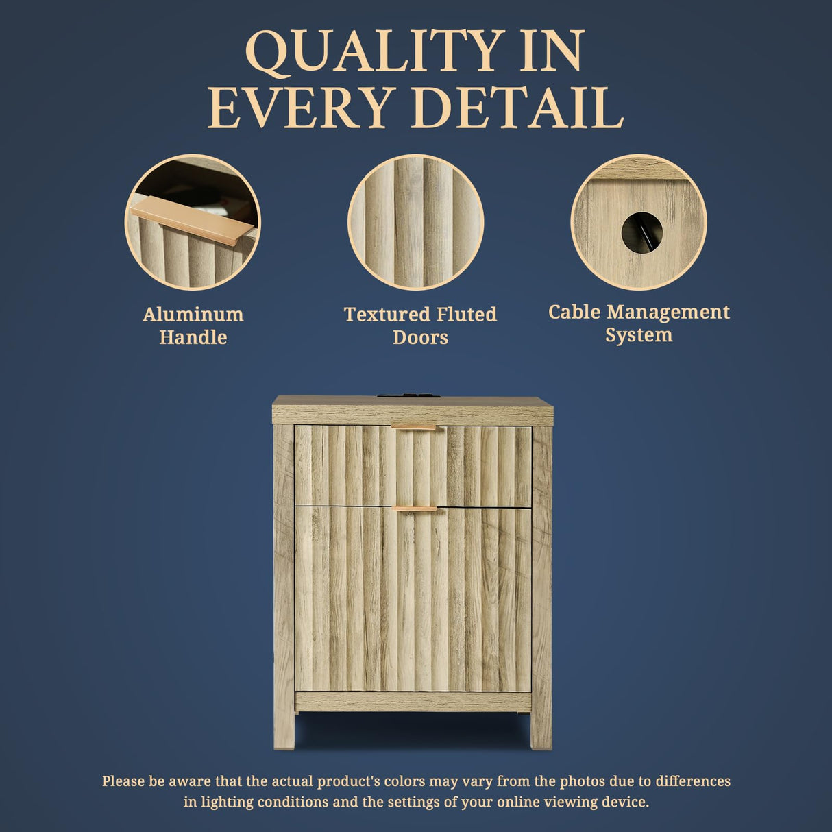 OAKHAM HOME Oxford 2 Drawer Nightstand, End Table with Charging Station, Night Stand with Fluted Panel, Farmhouse Sofa/Bed Side Table Set of 2 (Sunwashed Ash Oak) OAKHAM HOME