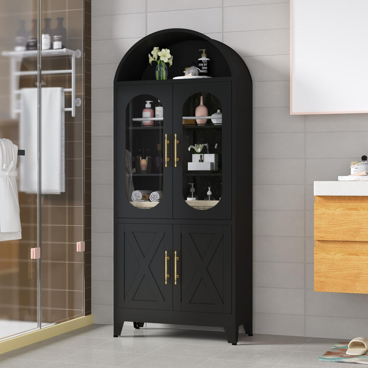 PAOFIN 73" Metal Tall Arched Kitchen Pantry Cabinet, Modern Farmhouse Kitchen Storage Cabinets with 3 Adjustable Shelves, Versatile Cupboard for Kitchen, Dining Room, Black PAOFIN