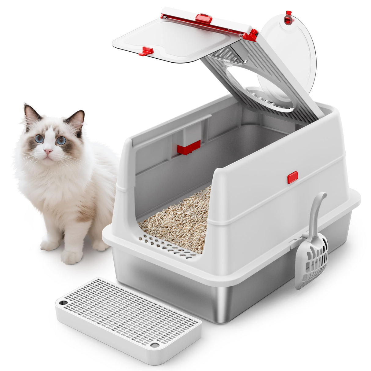 Stainless Steel Cat Litter Box: Enclosed Cat Litter Boxes with Lid - Extra Large Metal Kitty Litterbox with High Sides Top Entry XL Litter Pan Tray for Big Cats Anti-Leakage BEST JAJA