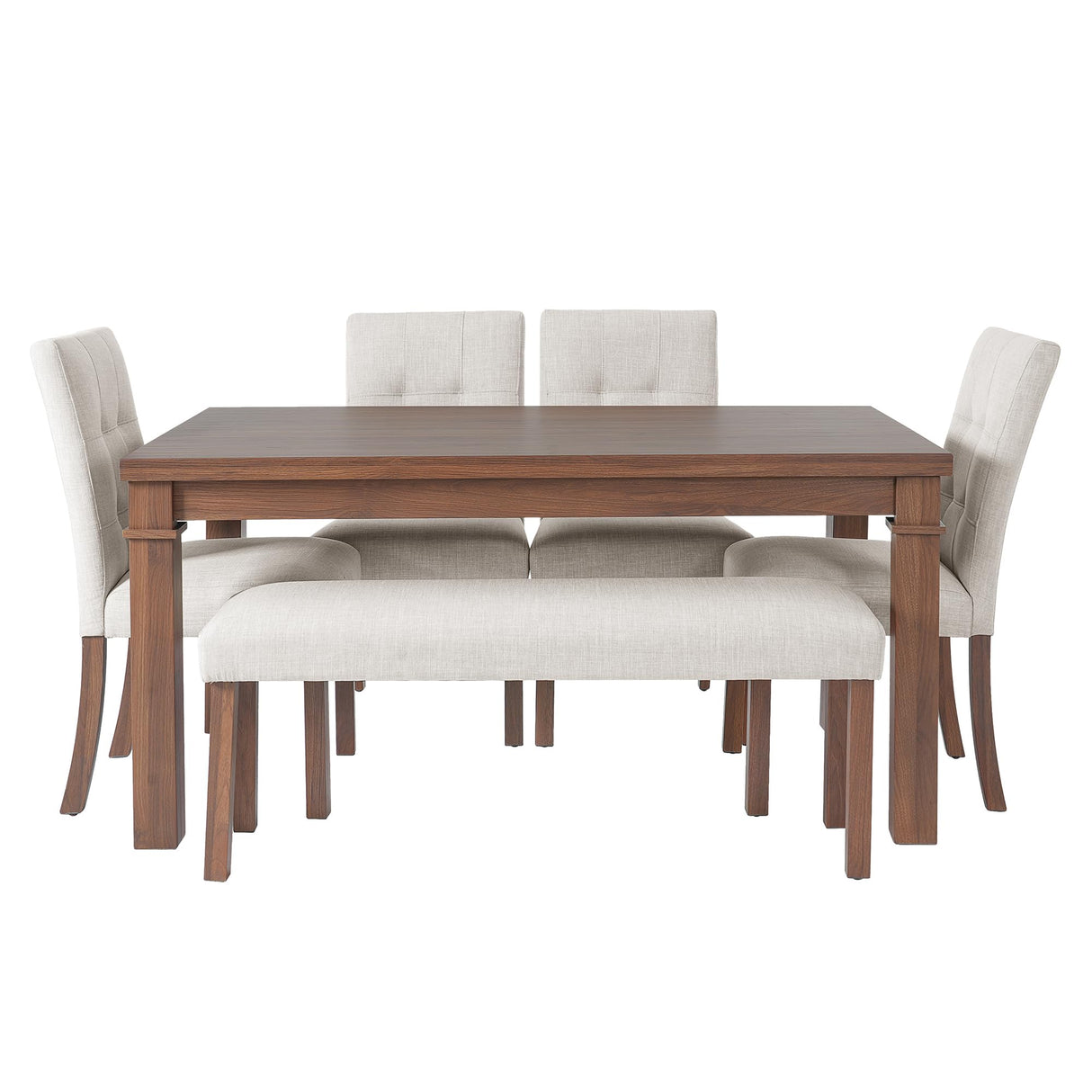 VilroCaz Modern 6-Piece Dining Table Set, Solid Wood 60'' Rectangle Kitchen Table with 4 Upholstered Chairs & Bench, Home Kitchen Dining Room Set for 6 (Walnut-7.19) VilroCaz