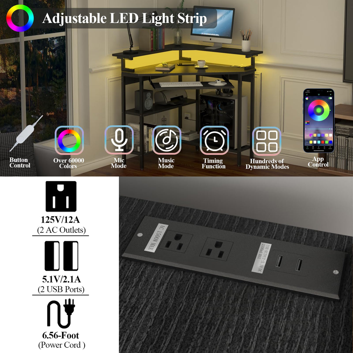 Auromie Corner Desk with Charging Station & LED Light, Triangle Corner Desk with Monitor Stand & Keyboard Tray for Small Space, Gaming Computer Desk with Storage Shelves for Home Office (Rustic) Auromie