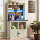 DWVO Kitchen Pantry Cabinet,Microwave Stand with Power Outlet,Food Pantry Hutch with LED Lights,Coffee Bar Cabinet with Storage,Farmhouse Buffet Sideboard with LED Lights, Off White+Walnut Grain DWVO