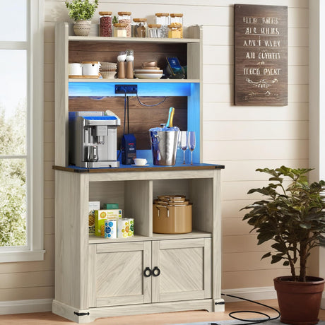 DWVO Kitchen Pantry Cabinet,Microwave Stand with Power Outlet,Food Pantry Hutch with LED Lights,Coffee Bar Cabinet with Storage,Farmhouse Buffet Sideboard with LED Lights, Off White+Walnut Grain DWVO