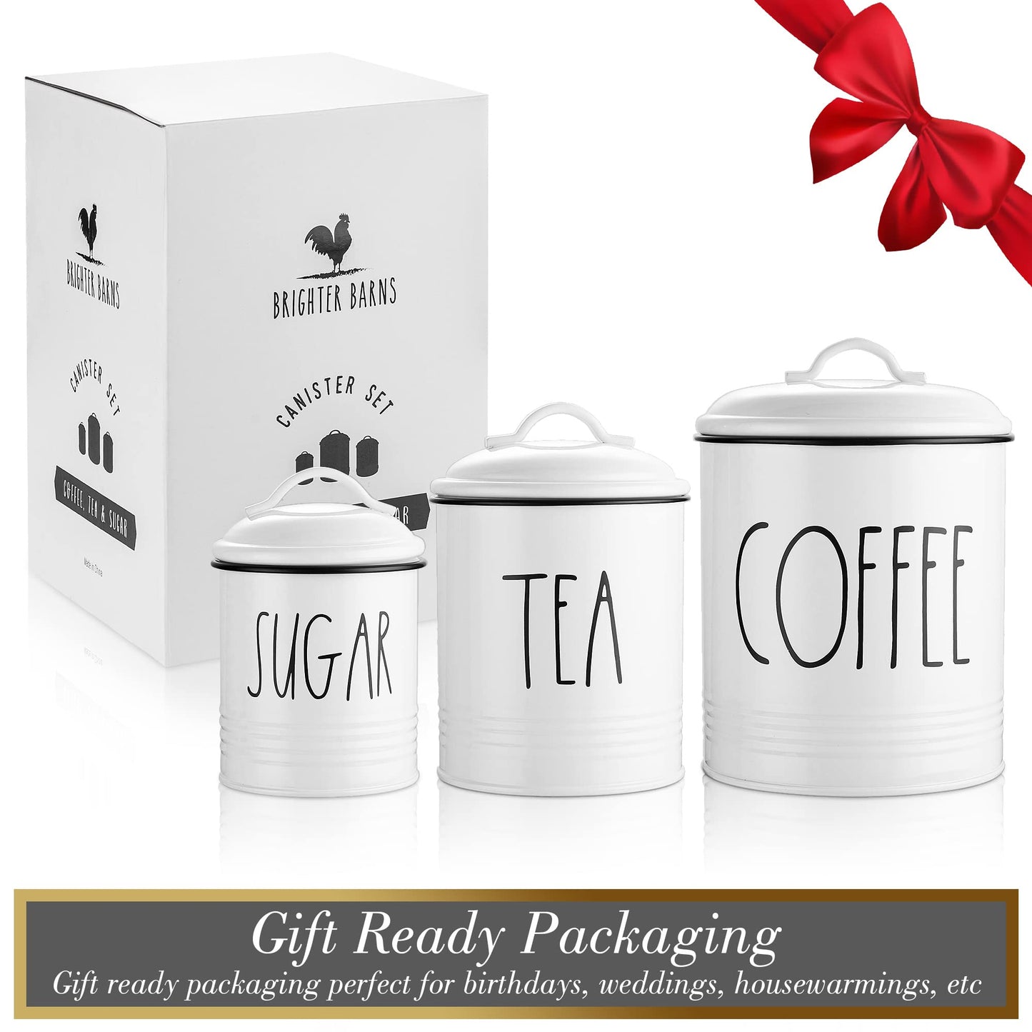 Brighter Barns Large Coffee Tea Sugar Canister Set Farmhouse Coffee Container Set - Large Airtight Food Storage Containers with Lids - Farmhouse Kitchen Decor - Coffee Station Decor & Accessories