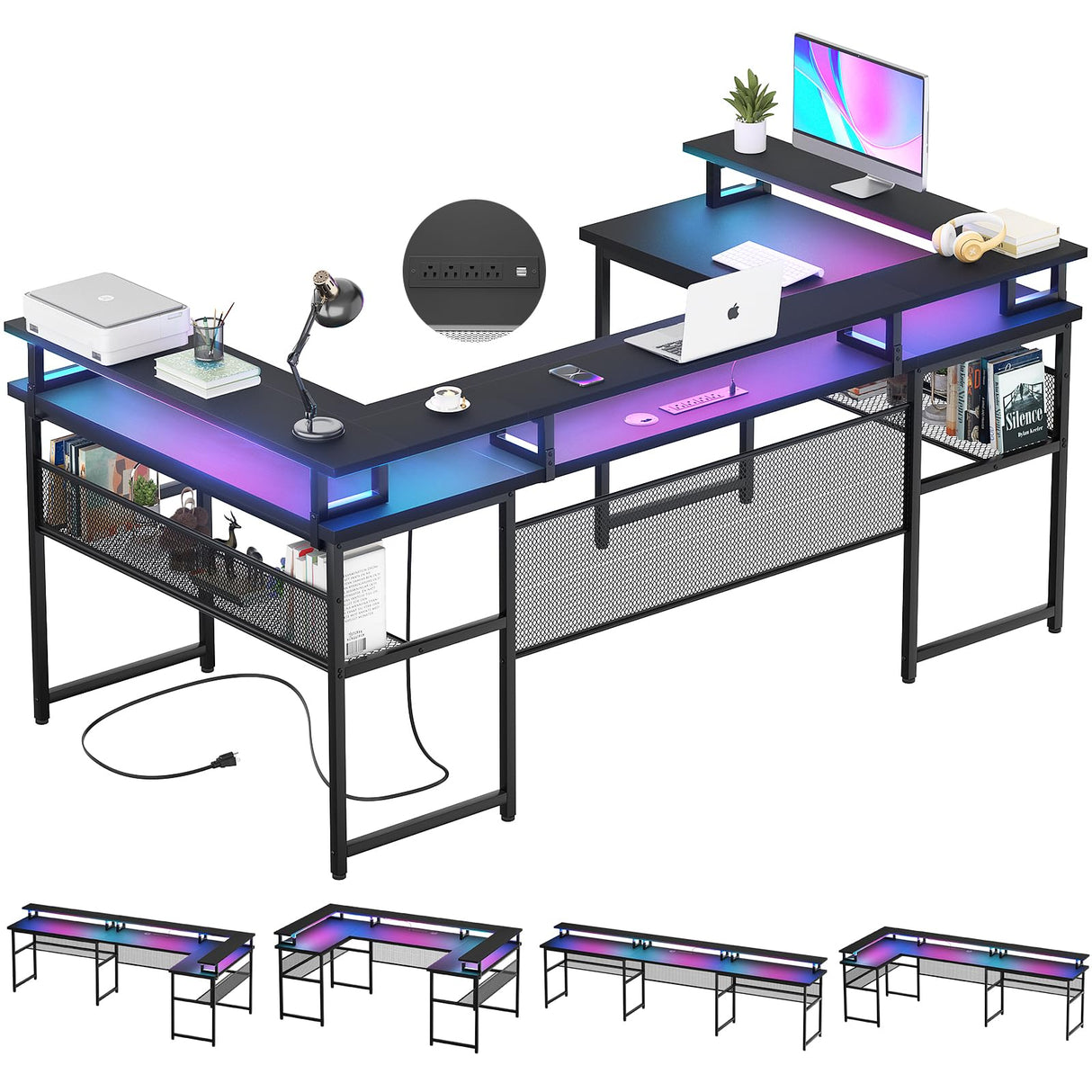 Unikito U Shaped Computer Desks, Reversible Office Desk with LED Strip and Power Outlets, L Shaped Table with Full Monitor Stand and Storage Shelves, 83 Inch Large U- Shape Gaming Desk, Black Unikito