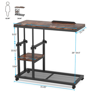 Tribesigns Height Adjustable C Table with Wheels, Mobile Couch Snack Side Table with Tiltable Drawing Board, Sofa Bedside Laptop Stand C Shaped TV Tray with Storage Shelves (Brown) - WoodArtSupply