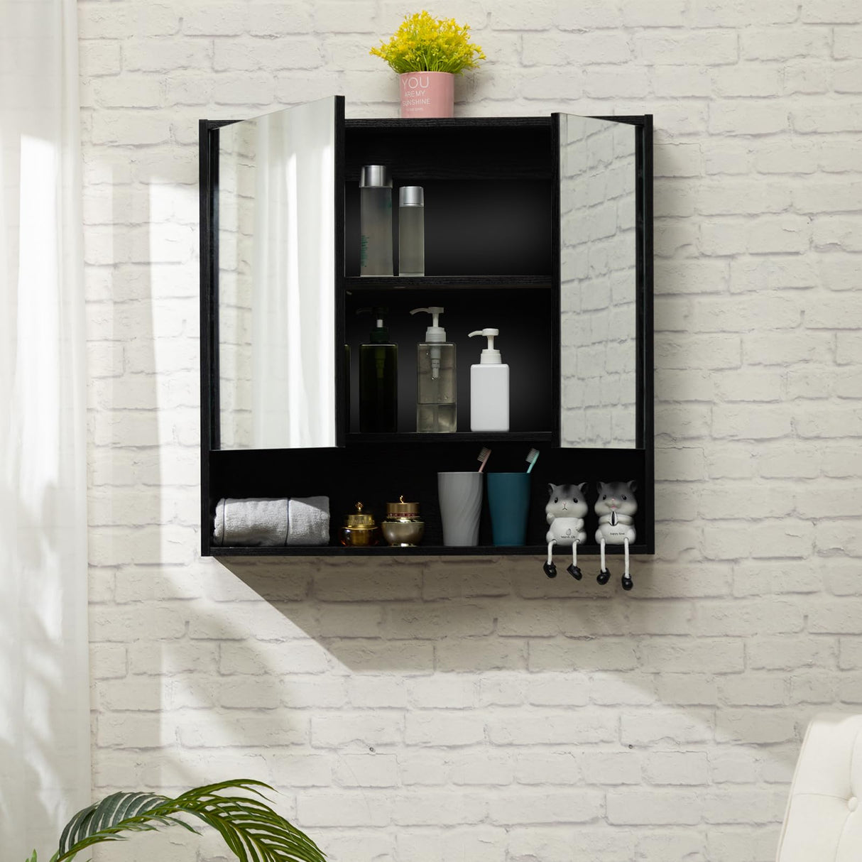 ALIMORDEN Medicine Cabinet with Mirror and Shelves, Oversized Bathroom Wall Storage Organizer Over The Vanity, Toilet, Recessed or Surface Mount, 30.4" L x 29.5" H, Black ALIMORDEN