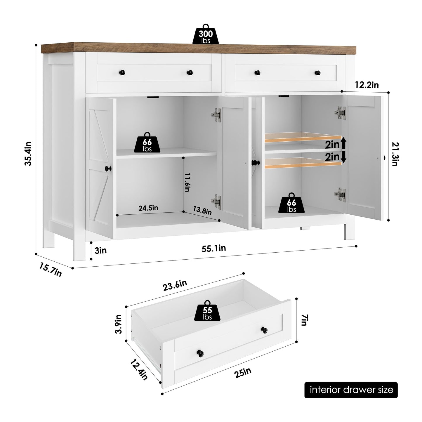 HOSTACK 55" Buffet Sideboard Cabinet with Storage, Modern Farmhouse Coffee Bar Cabinet with Drawers and Shelves, Barn Doors Storage Cabinet for Kitchen, Living Room, White - WoodArtSupply