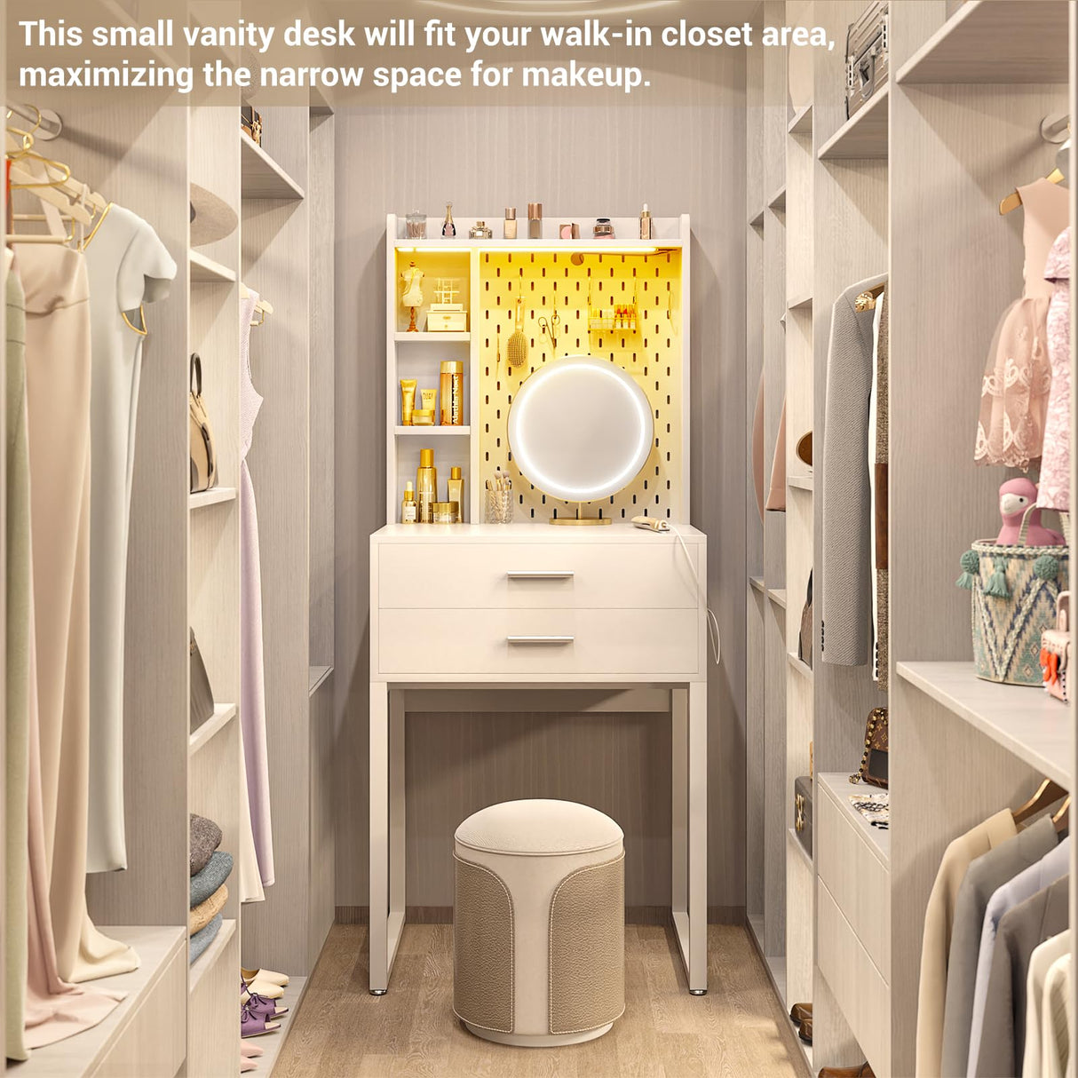 Besiost Small Vanity Desk with Hutch and Drawers, White Makeup Vanity Desk with Charging Station, Vanity Table Dressing Table with LED Lights, Vanity Desk No Mirror with Pegboard for Girls Women, 24" Besiost