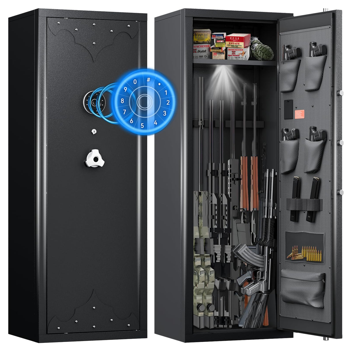 KAER 12-15 Rifle Gun Safe, Home Safes for Rifles and Pistols, Large Unassembled Rifle Safe with 3 Removable Gun Racks, Digital Gun Cabinet with 4 Pistol Pockets KAER