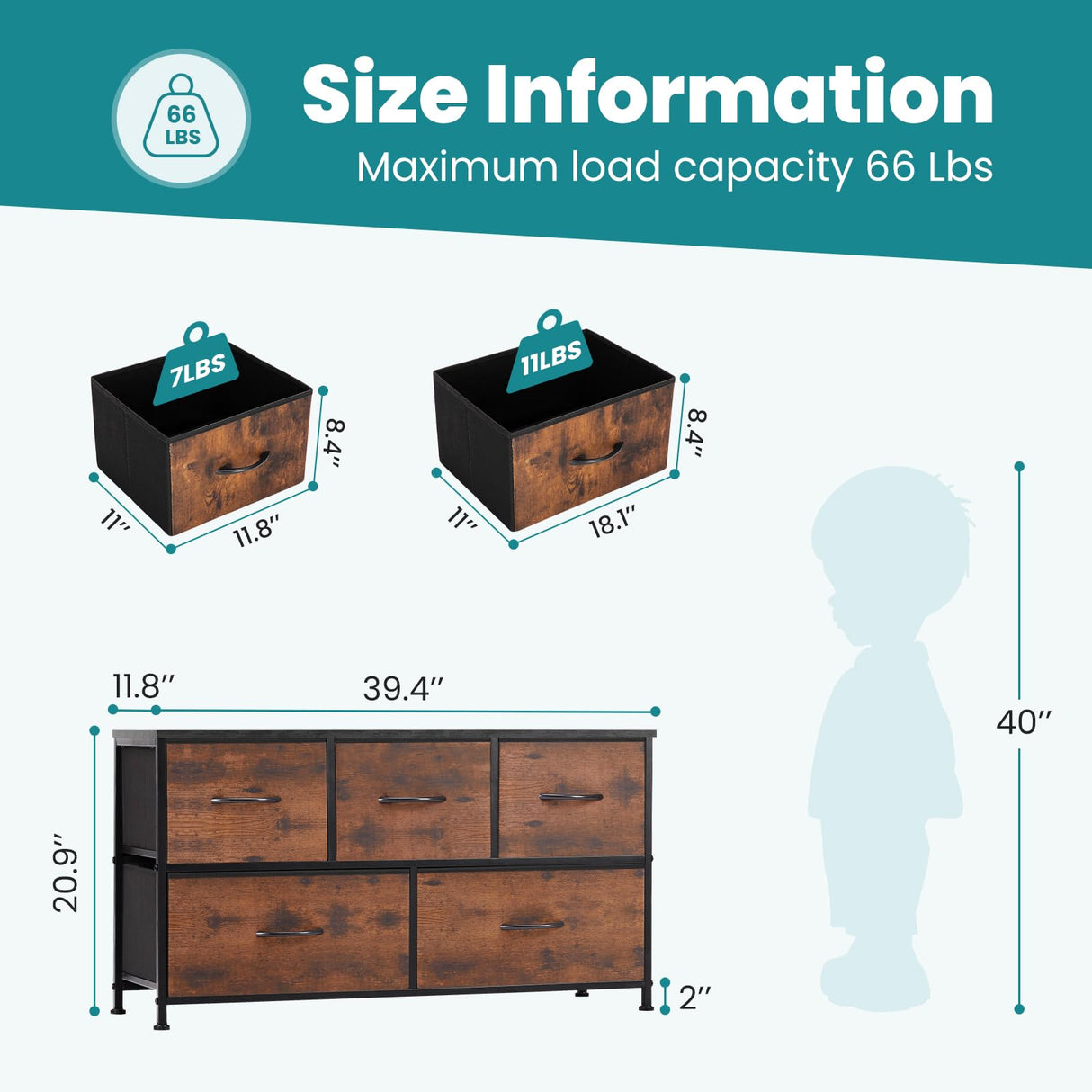 OLIXIS Dresser for Bedroom with 5 Drawers, Wide Chest of Drawers, Fabric Bedroom Dresser with Drawer Organizer, Storage Organizer Unit with Fabric Bins for Closet, Living Room, Hallway, Brown OLIXIS