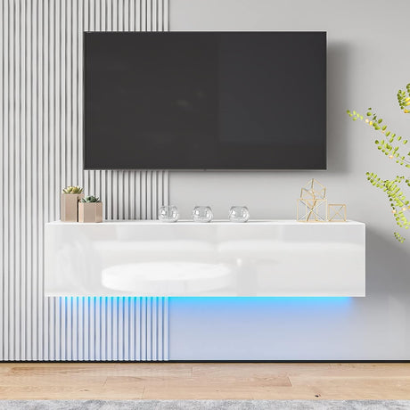 HOMMPA Floating TV Stand with Led Light for 63 Inch TVs Wall Mounted Led Entertainment Center with High Gloss Storage Modern Floor White Mounted Media Console for Living Room HOMMPA