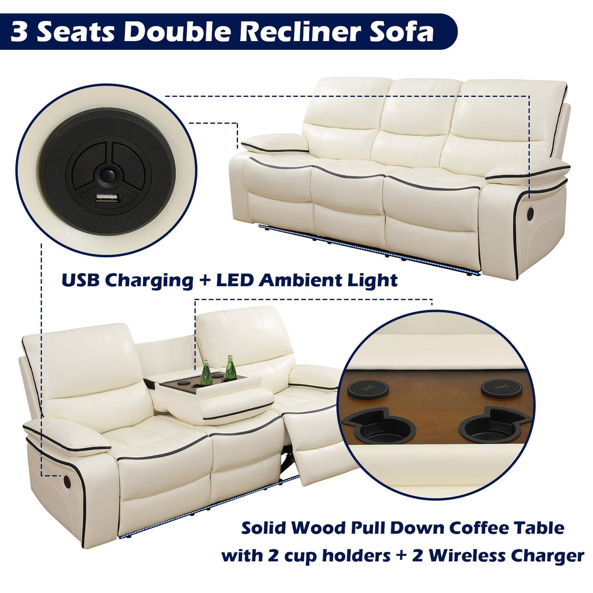 SIENWIEY Power Recliner Sofa Set with LED Lights,Leather Reclining Couch Set 2 Pieces, Creamy White Leather Couch Set with Pull Down Coffee Table/Storage Cabinet/Cup Holders(Sofa+Loveseat) SIENWIEY